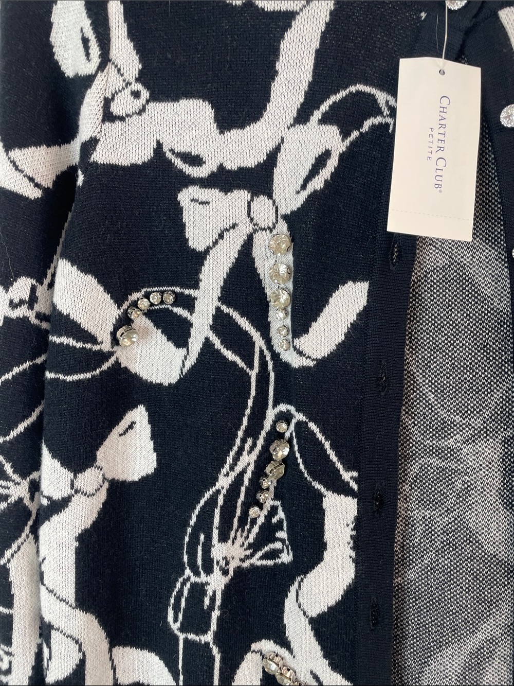 Charter Club Black & White Bow Pattern Cardigan with Sequin Accents - Picture 3 of 6